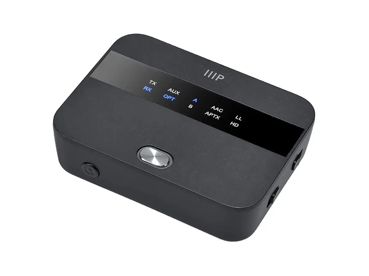 Small black Bluetooth 5 audio adapter with 3.5mm and optical ports