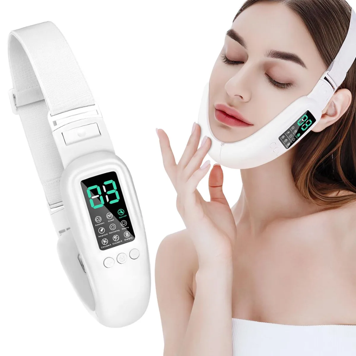 White facial beauty device with curved headband and magnetic chin pad, lightweight plastic finish