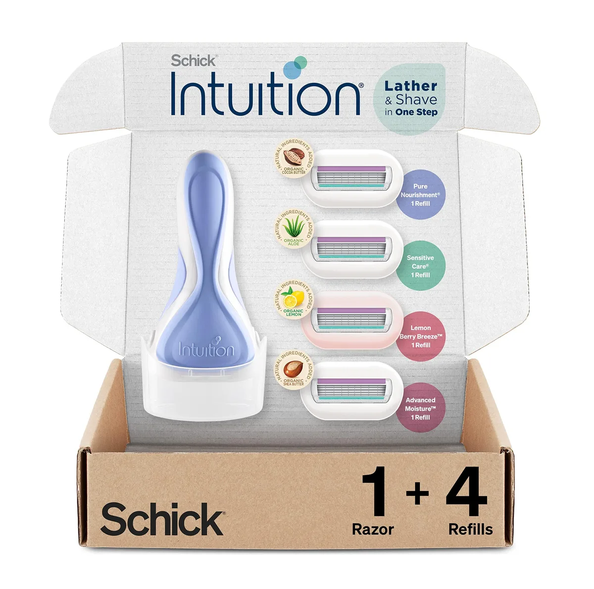 Schick Intuition razor handle with four refill cartridges and stand-up cap