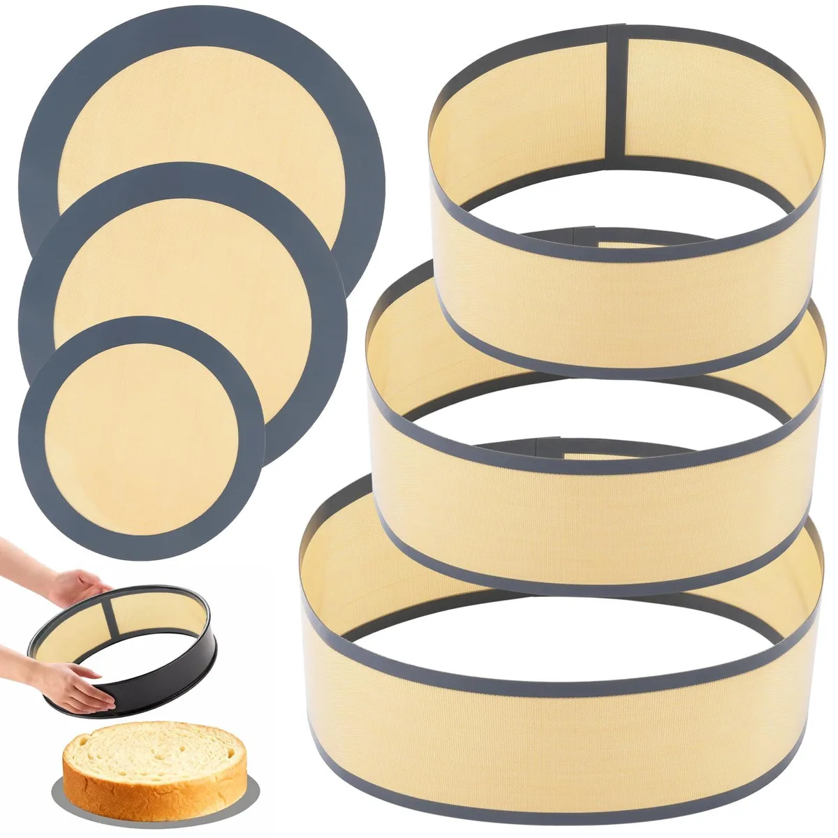 Three gray silicone baking mats in 4 7 9 inch circles with matching edge strips and a brush