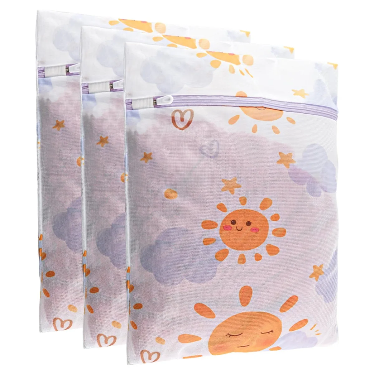 Three beige mesh laundry bags with zipper closures