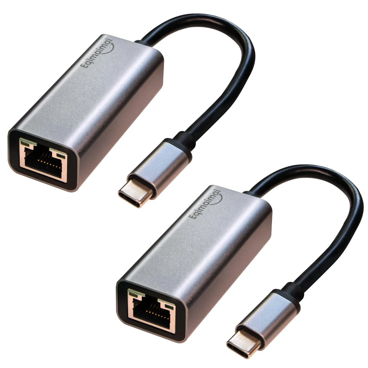 Two gray USB-C to RJ45 Ethernet adapters side by side
