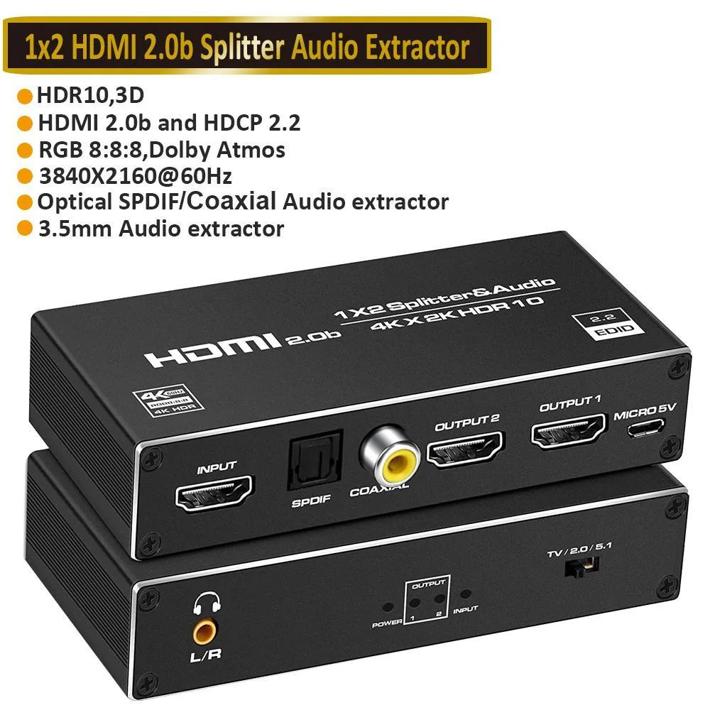 WRIARICH WRIARICH OZF6A 1x2 HDMI Splitter Audio Extractor 4K60 18Gbps — product photo