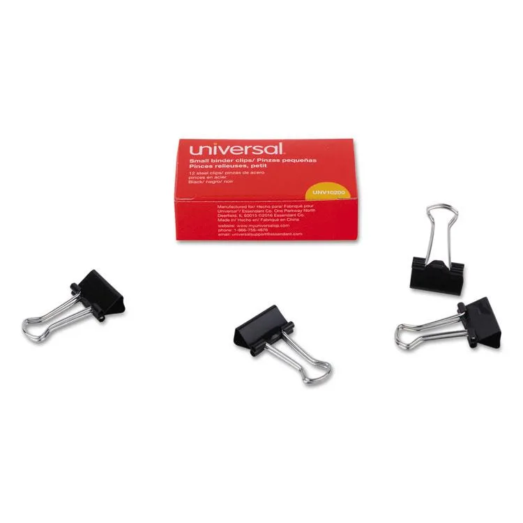 Universal Universal UNV10200 Small Binder Clips .38" capacity .75" wide Black 144/Bag — product photo