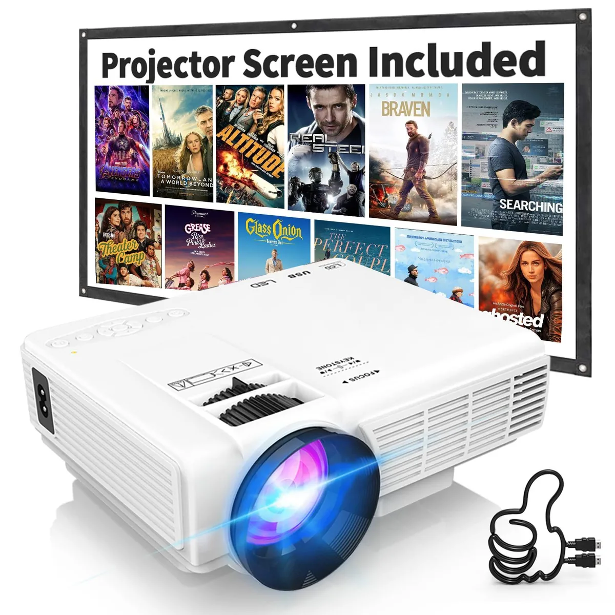 White rectangular DLP projector with built-in screen and Bluetooth 5.2