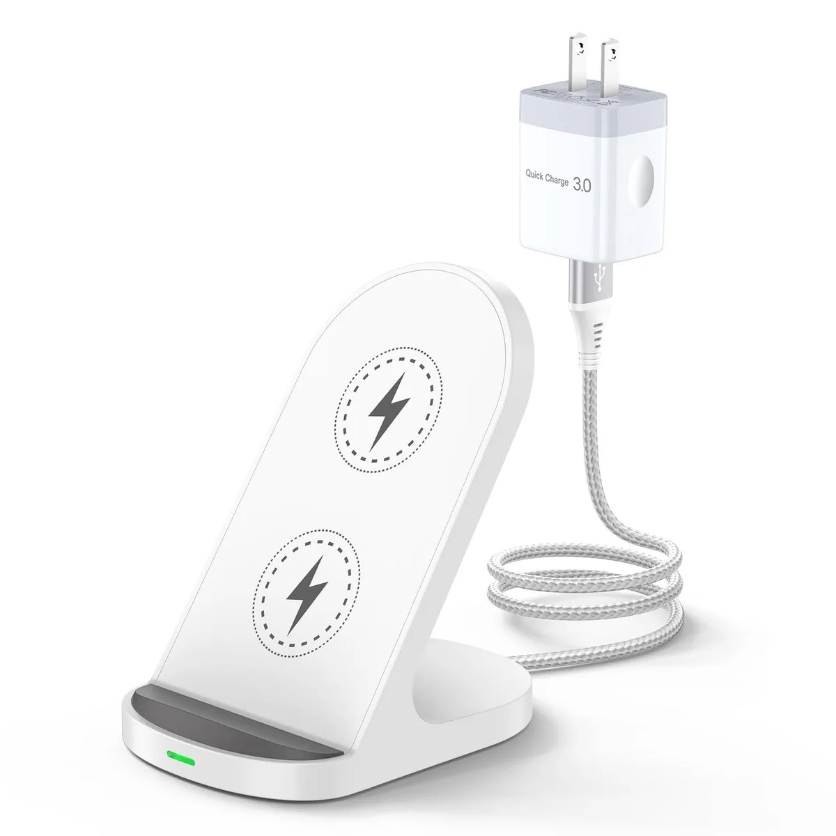 White upright wireless charging stand with green LED indicator and attached cable