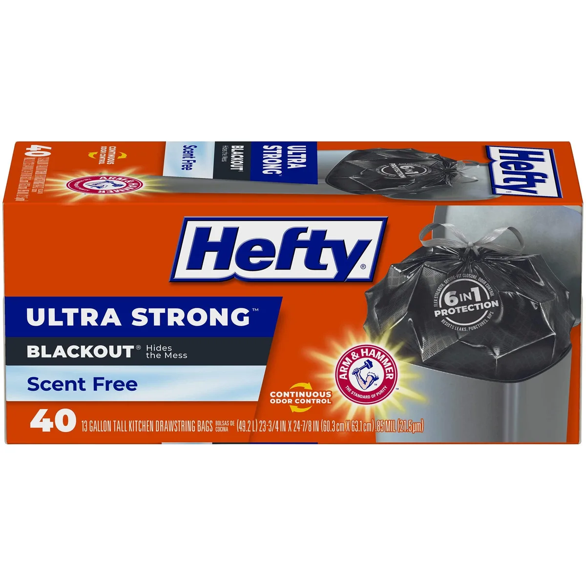 Black polyethylene kitchen trash bag roll in a rectangular box, 40 count, drawstring closure