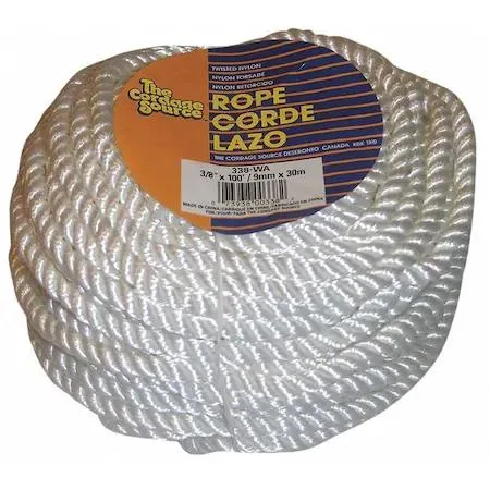 Coiled yellow nylon utility rope, three-eighths inch diameter, one hundred feet length