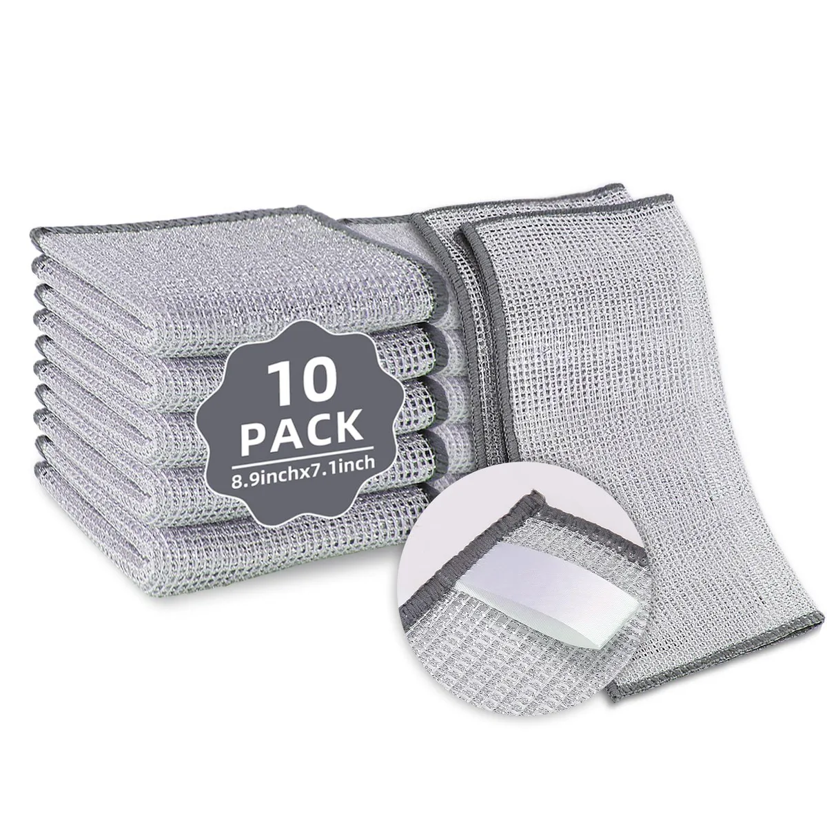 Ten white metallic-fibre scrubber cloths in diamond weave