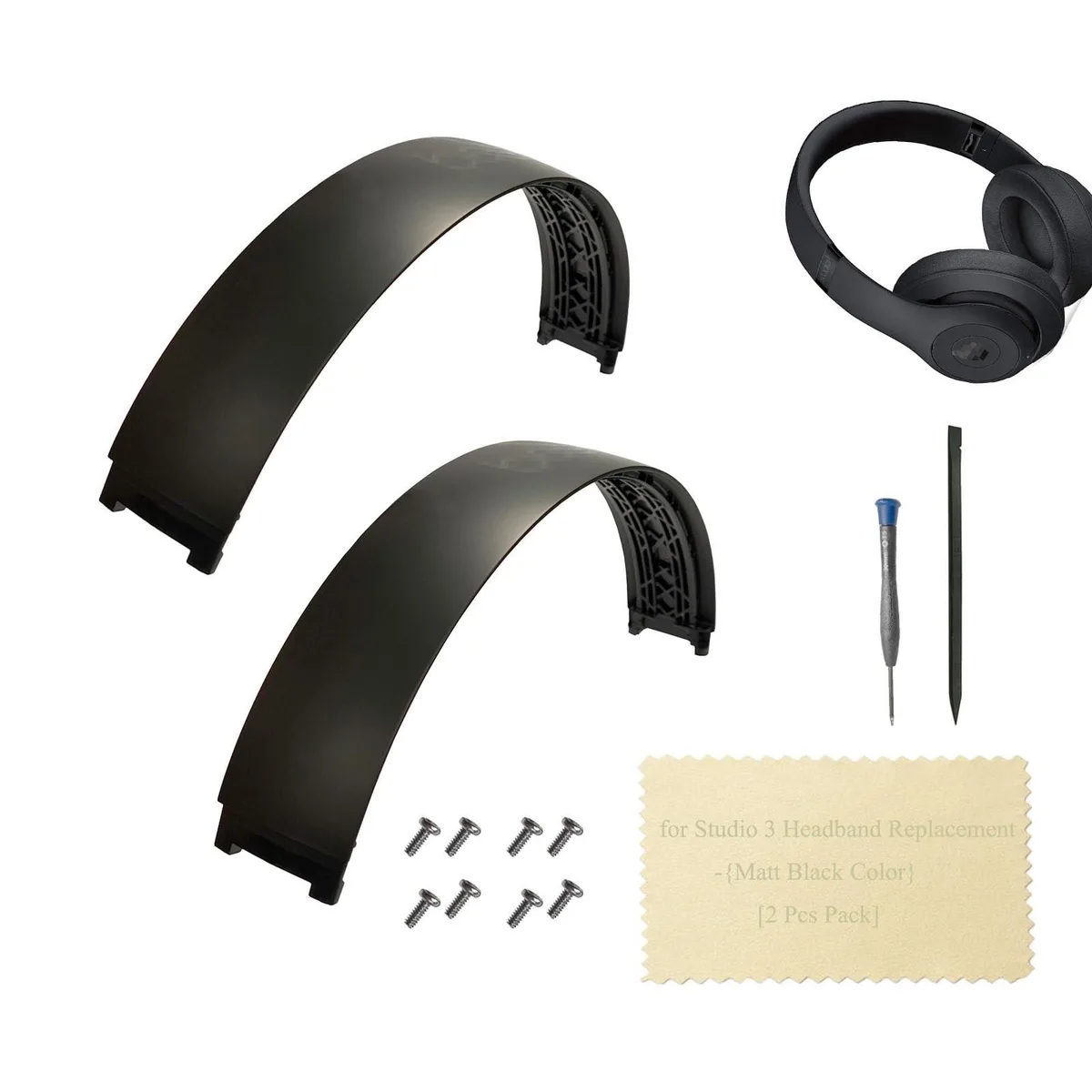 Two matte black replacement headbands for Studio 3 headphones, one spare, with screws and driver