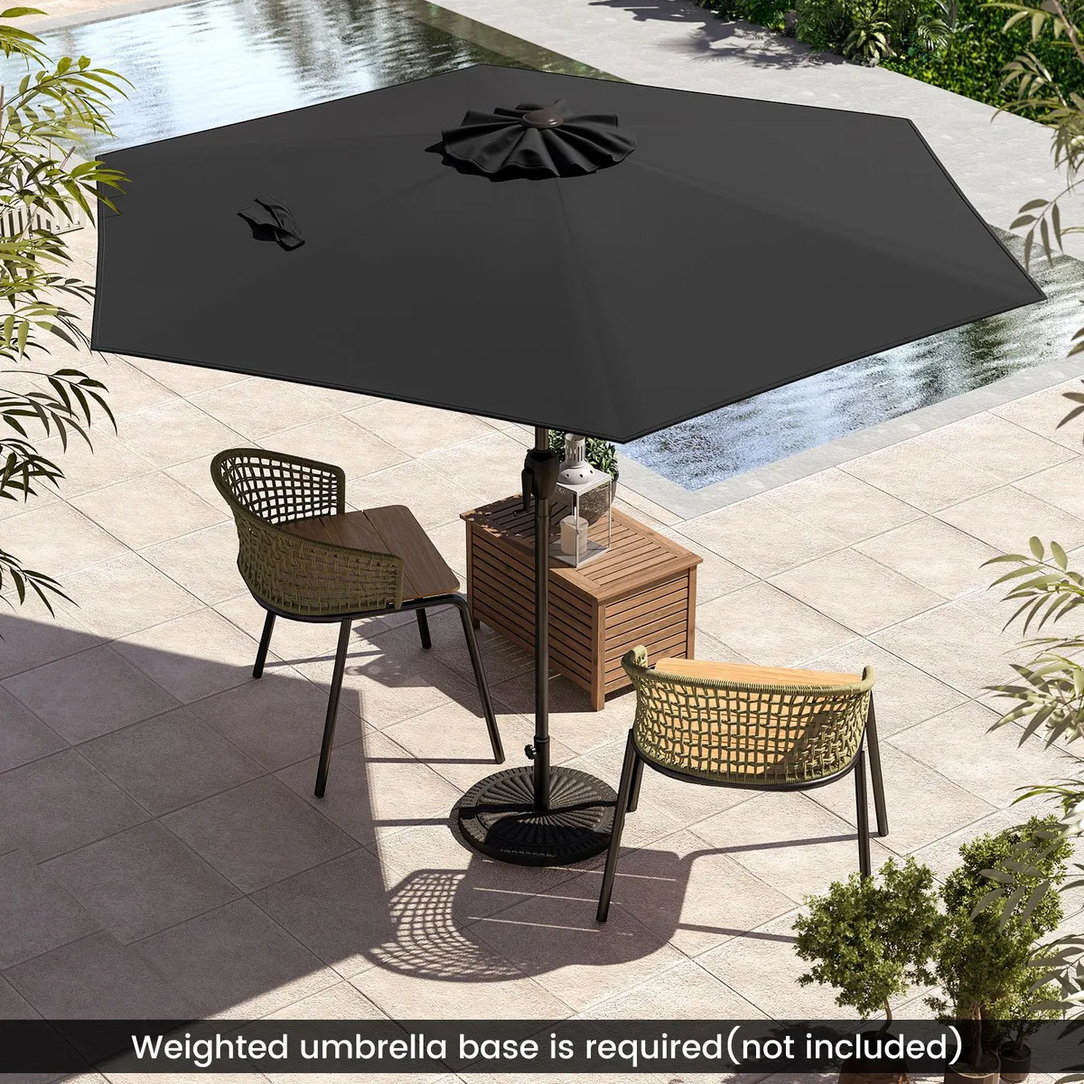 Black 7.5 ft market umbrella with crank handle, push-button tilt and air vent