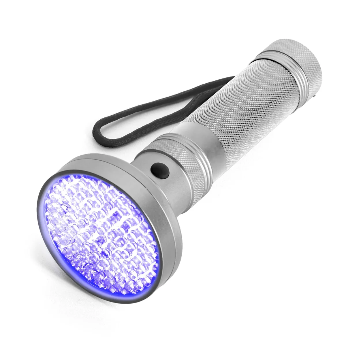 Black aluminium UV torch with 100 LEDs at 395nm, textured grip and wrist strap