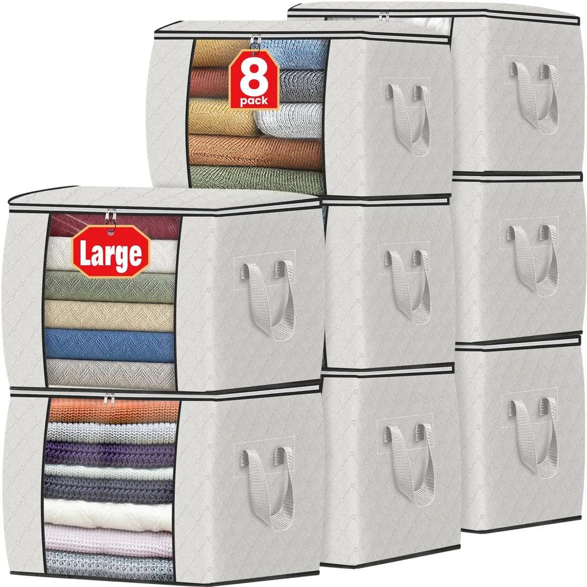 Ten ivory fabric storage bags with reinforced handles and zip closure, folded flat