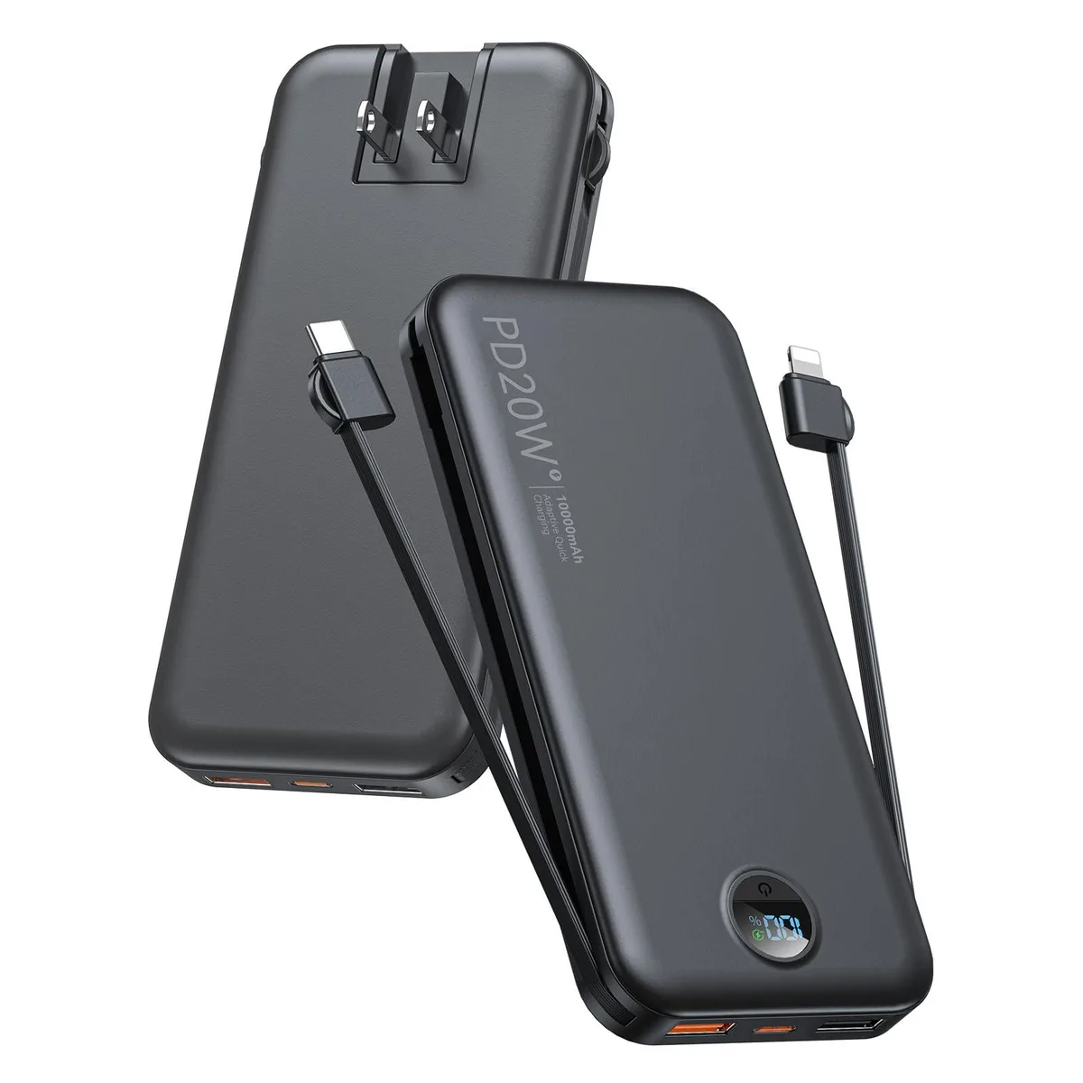citicr AC-02D 10000mAh power bank PD20W built-in cables wall plug Matte Black — product photo