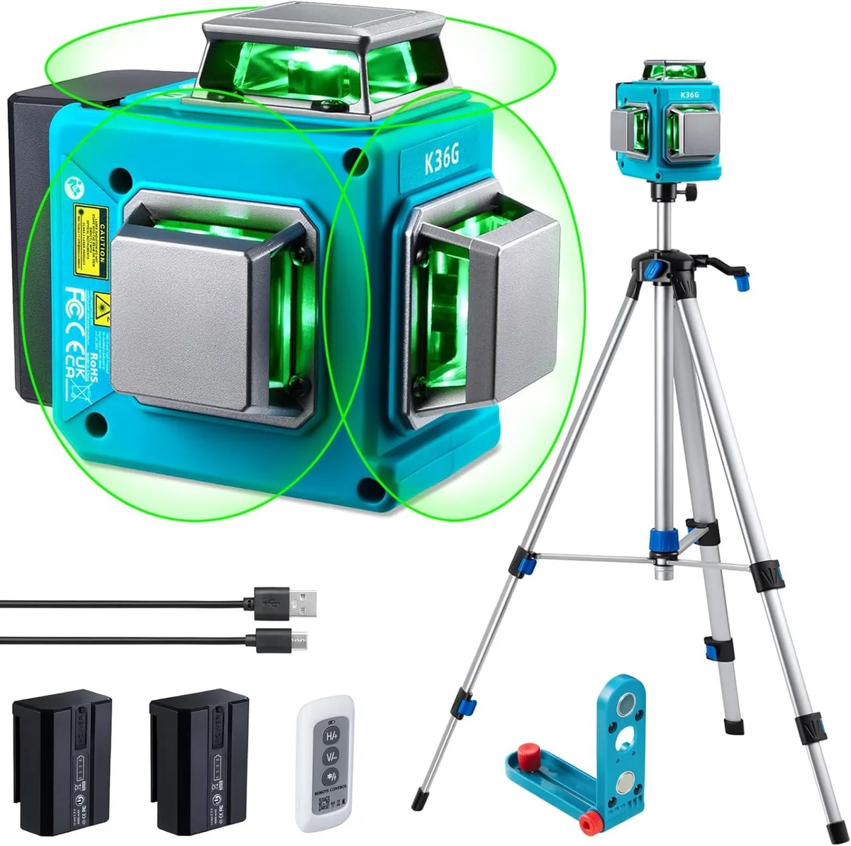 Green laser level on tripod projecting multiple horizontal and vertical lines across room