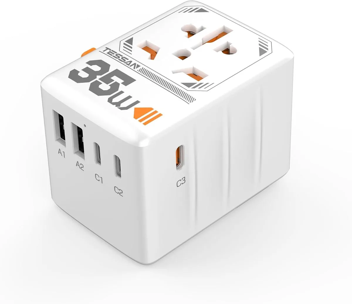Compact white travel adapter with slide-out US, EU, UK, AU pins, one AC socket and five USB ports