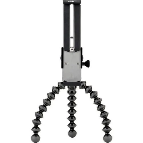 Adjustable tablet clamp on flexible three-leg tripod, black ABS and rubber finish
