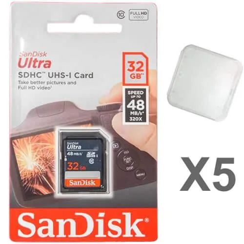 Five new SanDisk 32GB SDHC cards in plastic cases