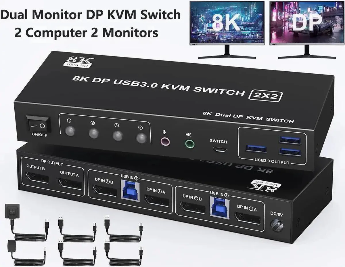 Vszerda Vszerda 2-Port Dual Monitor DP KVM Switch 8K60Hz 4K144Hz 3 USB 3.0 Audio Wired Remote — product photo
