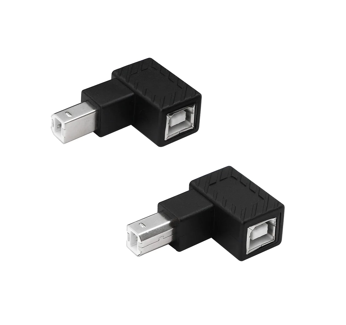 Two black USB Type-B 90-degree adapters, one up-angle and one down-angle