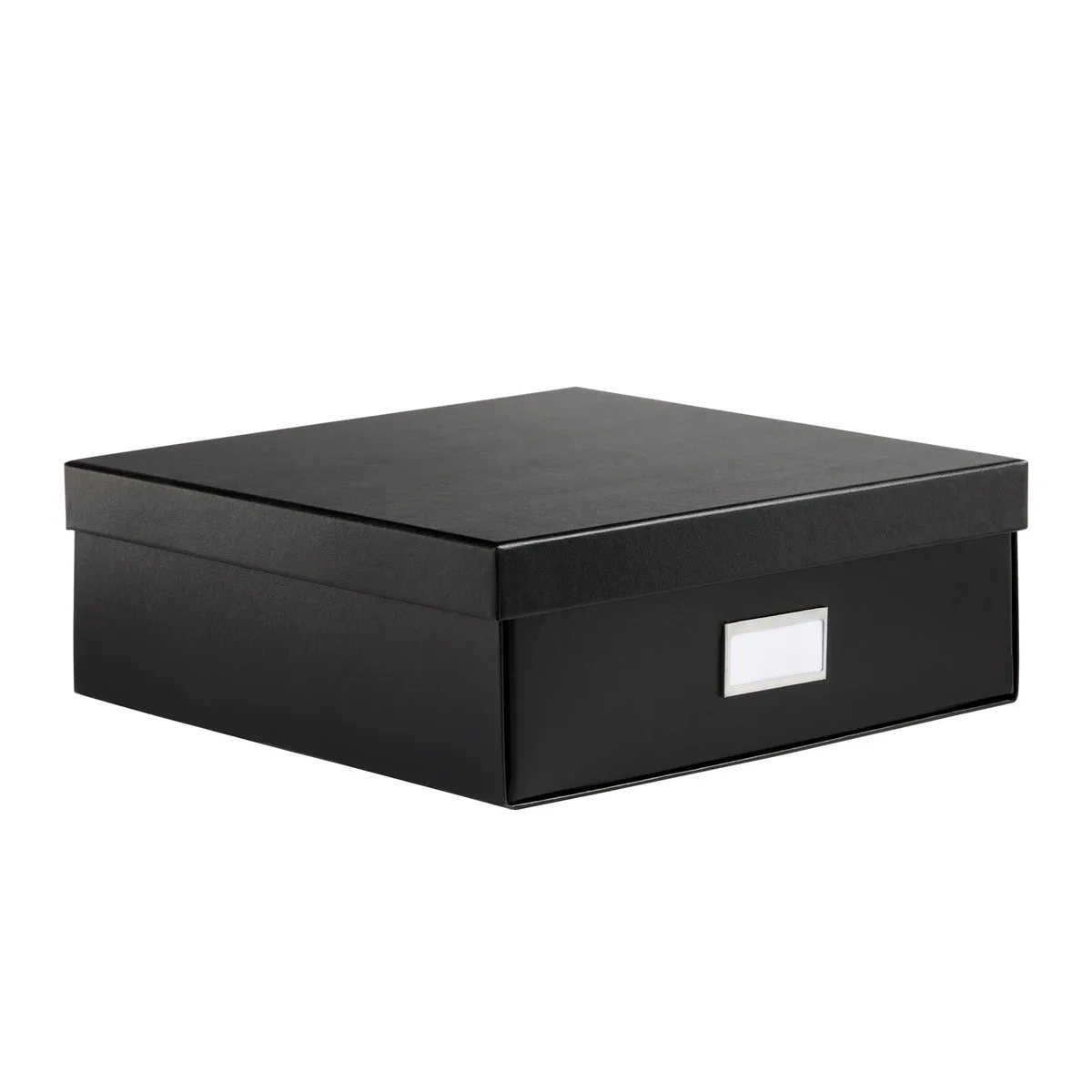 Black rectangular polypropylene box with lift-off lid and metal label holder