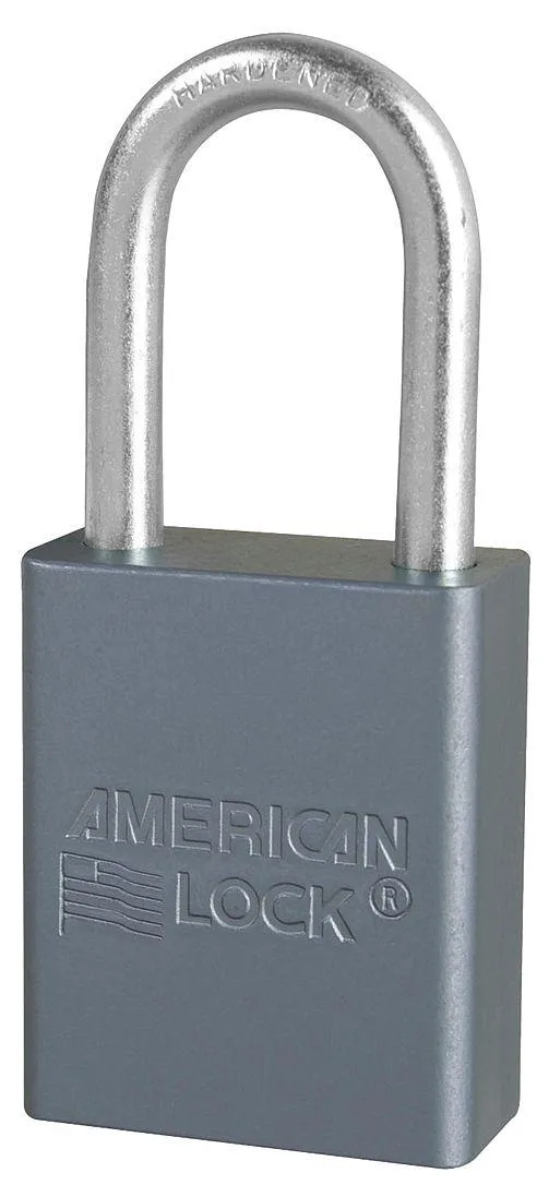 Silver rectangular aluminum padlock with hardened steel shackle