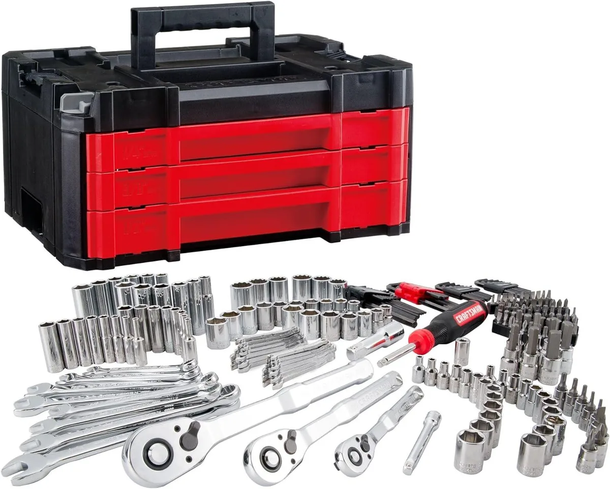 Red three-drawer tool chest with 230-piece mechanics set inside