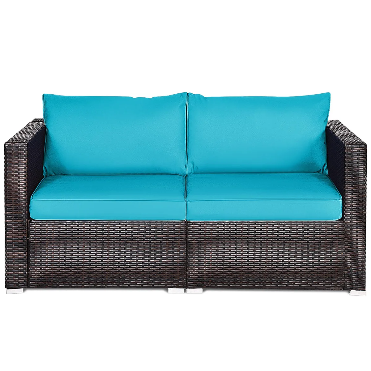 Two-piece rattan corner sofa set with blue cushions