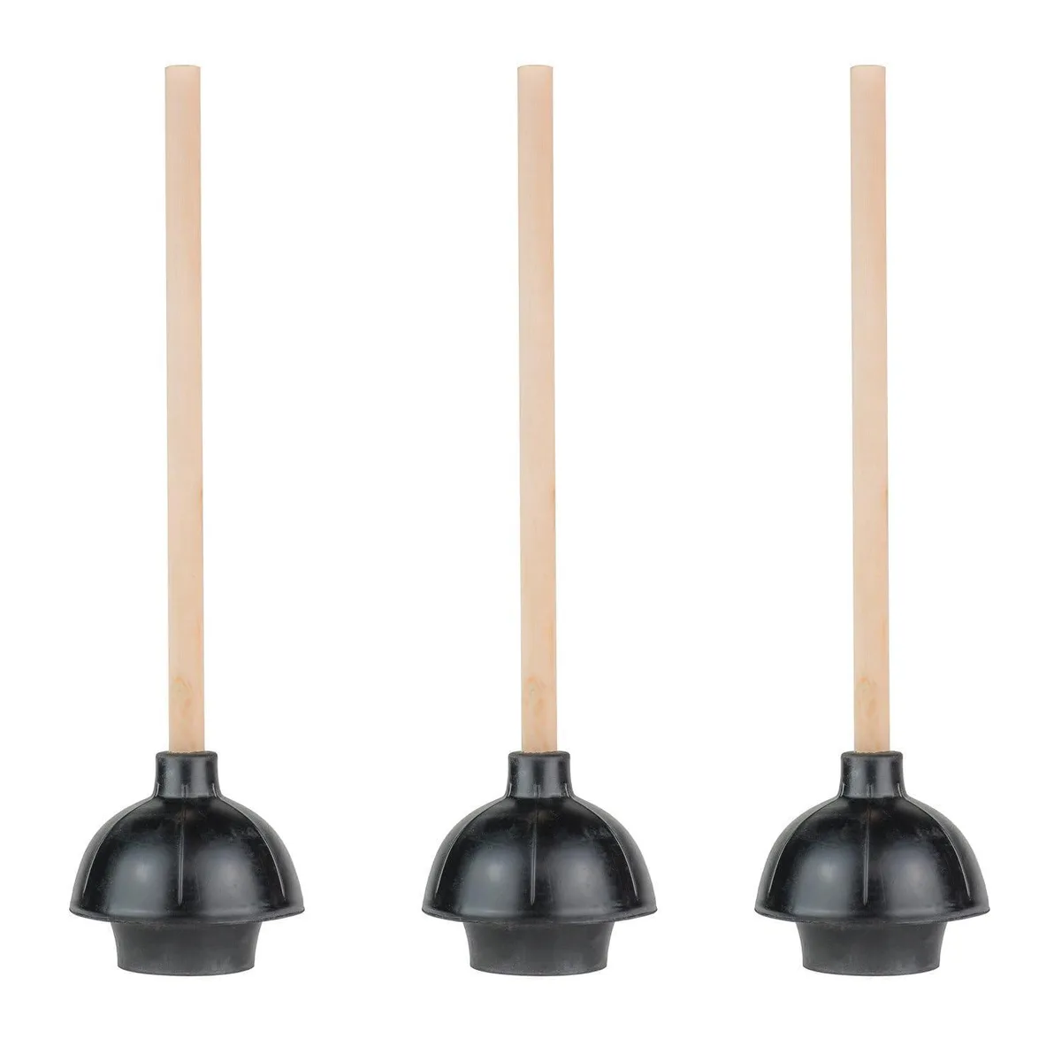 SteadMax XTS-65 3 Heavy Duty Toilet Plungers Double Thrust Rubber Cup Wood Handle — product photo