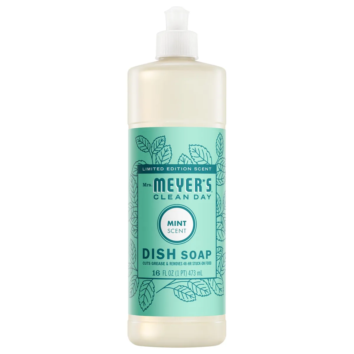 White 16 fl oz bottle of Mrs Meyer's Clean Day Mint liquid dish soap