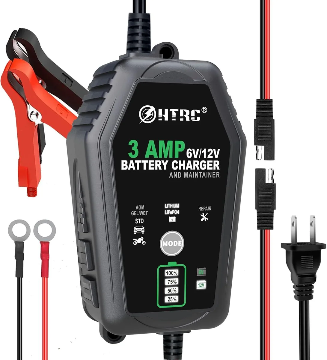 Compact black rectangular charger with front display and clamps