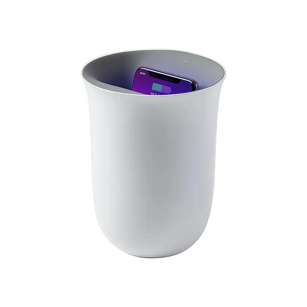 White vase-shaped wireless charger with UV sanitizer, USB-C port on back