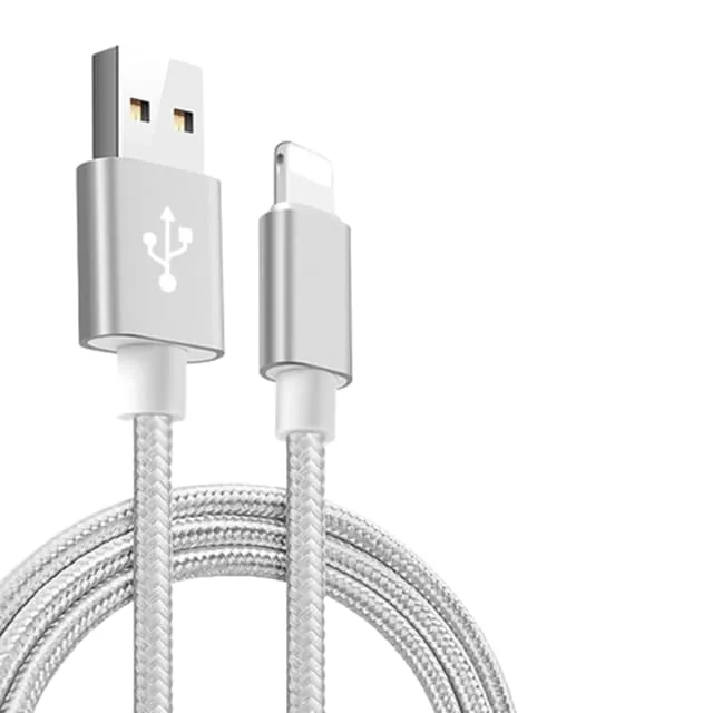 Silver 10 ft Lightning cable with nylon braid and reinforced connectors