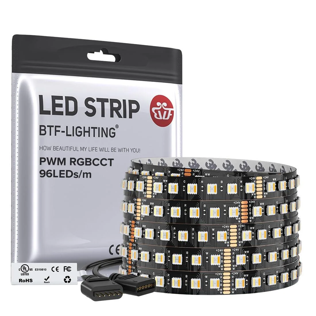 Black flexible LED strip on a reel showing dense 5050 SMD chips and six-pin connectors