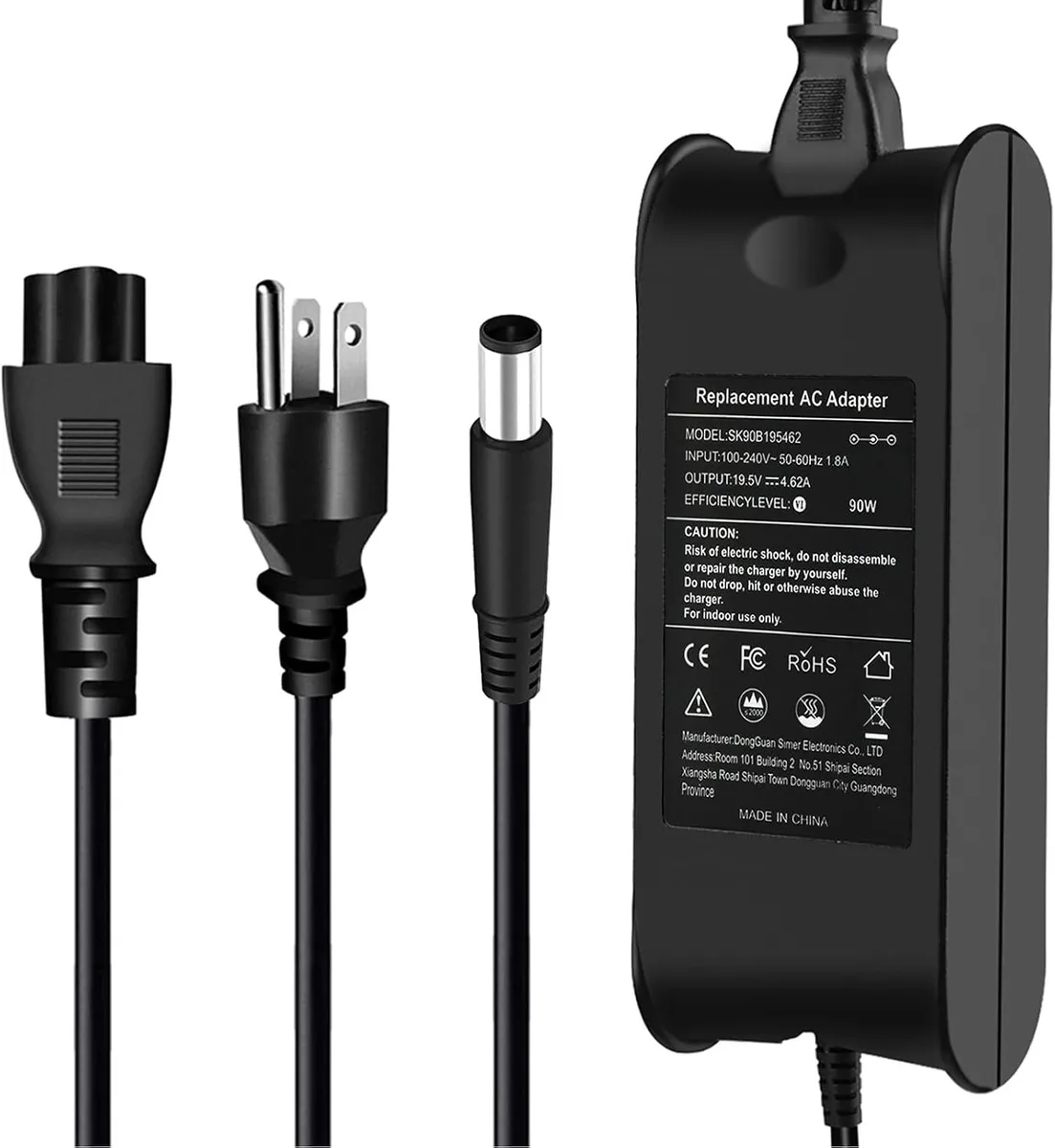 Black rectangular AC adapter with 5.0mm x 7.4mm barrel connector and detachable power cord