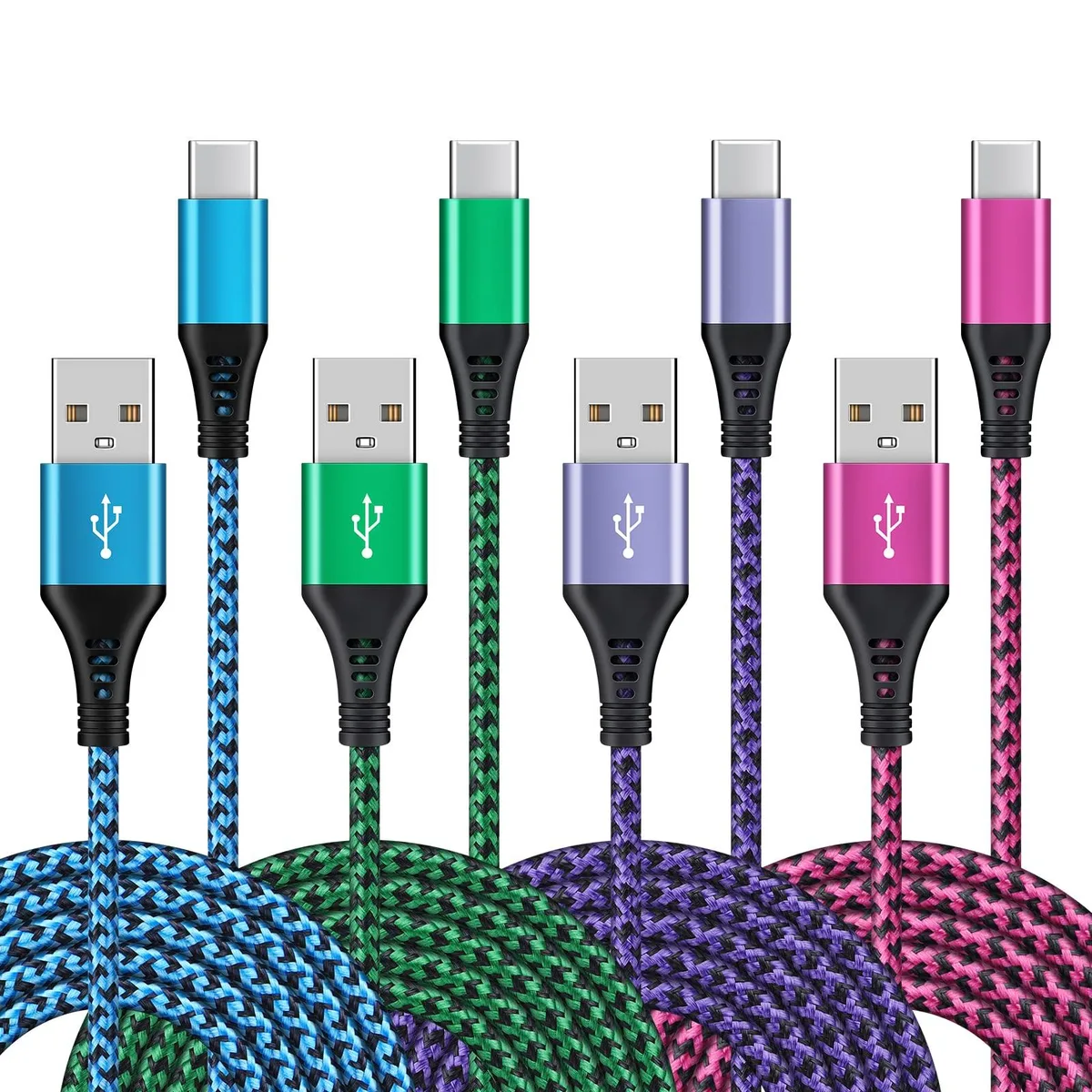 Four six-foot USB-C cables in blue, pink, green and purple with braided jackets