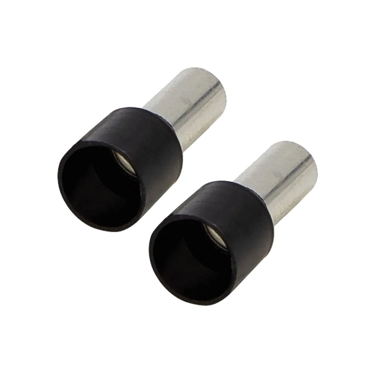Fifty black cylindrical ferrules for 8 gauge wire in a clear bag