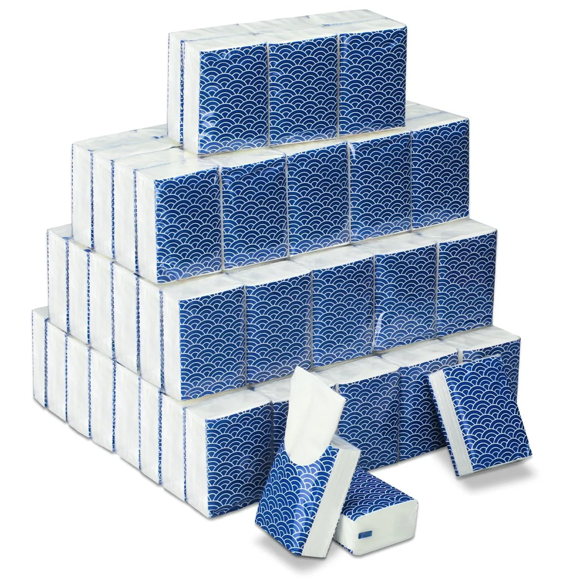 A clear plastic box holding 100 small rectangular tissue packets in a cool colour scheme