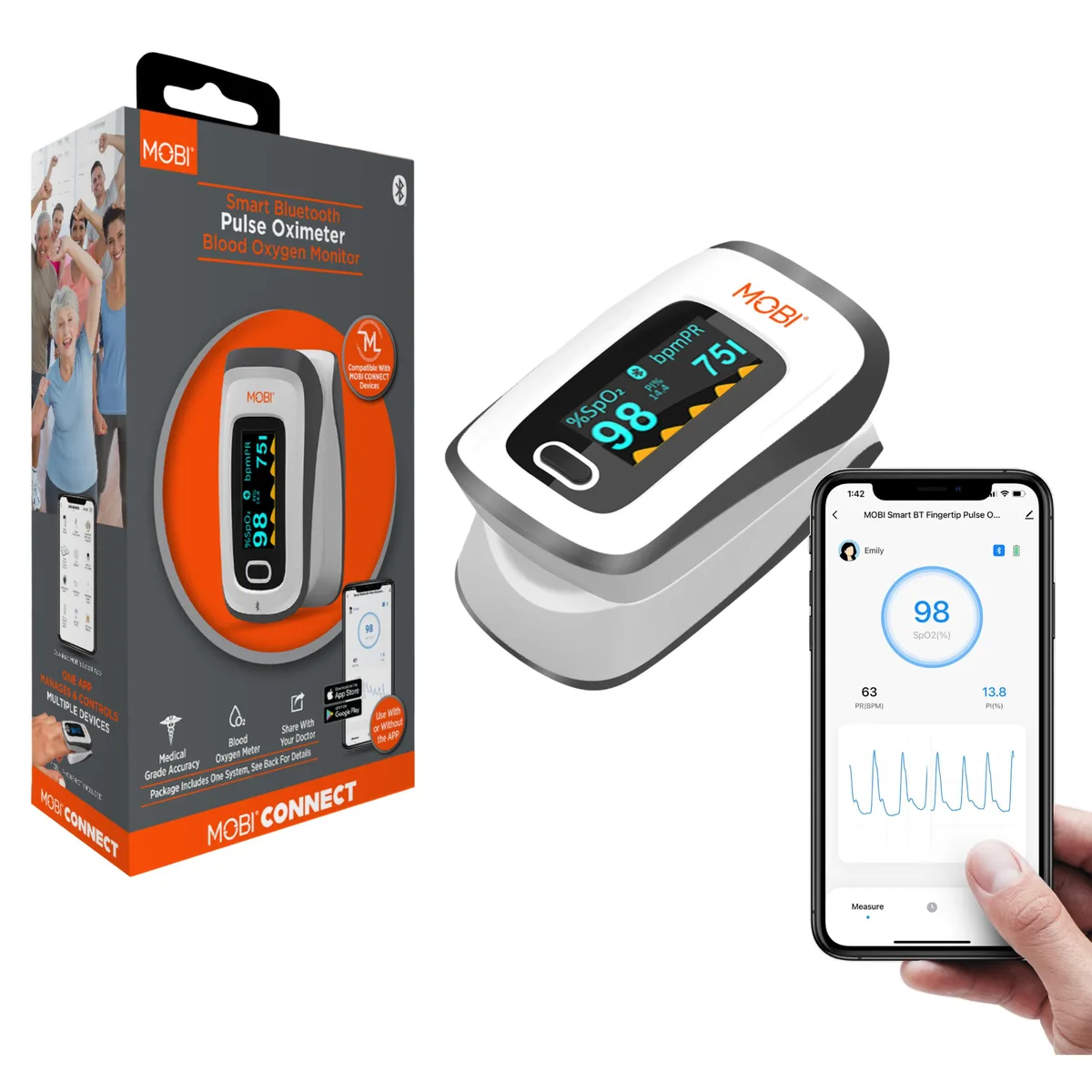 Mobi Mobi Smart Fingertip Bluetooth Pulse Oximeter OLED 700030 — product photo