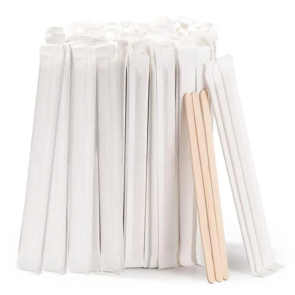 Box of 200 individually wrapped wooden coffee stirrers, 5.5 inches long, natural birch finish