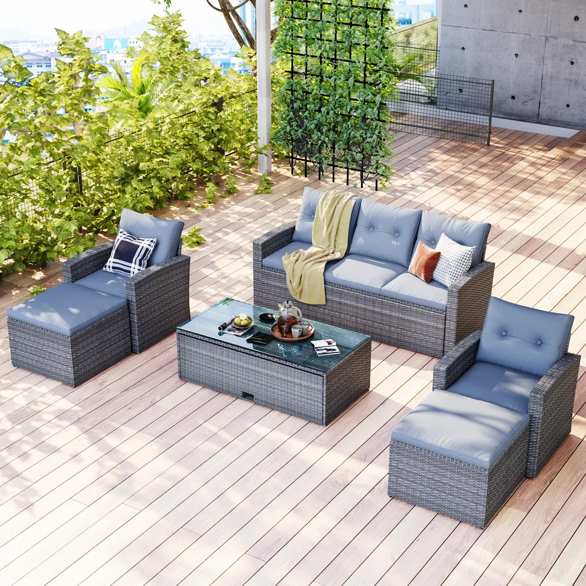 NEWHOME NEWHOME GO 6-piece PE rattan patio sectional set with ottomans removable cushions — product photo