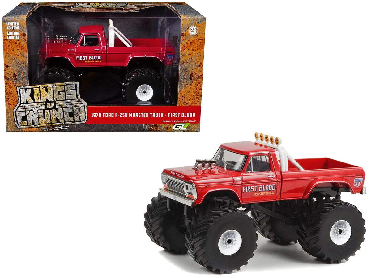 GREENLIGHT GREENLIGHT 1978 Ford F-250 Monster Truck 66-Inch Tires First Blood Red Kings of Crunch 1/43 Diecast — product photo
