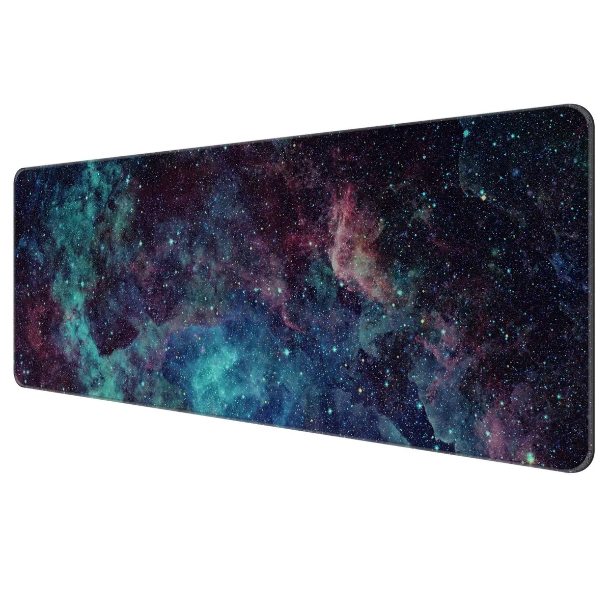 Thin rectangular mouse pad with Galaxy Space print, stitched edges, rubber base, 31.5 x 11.8 x 0.08 inch