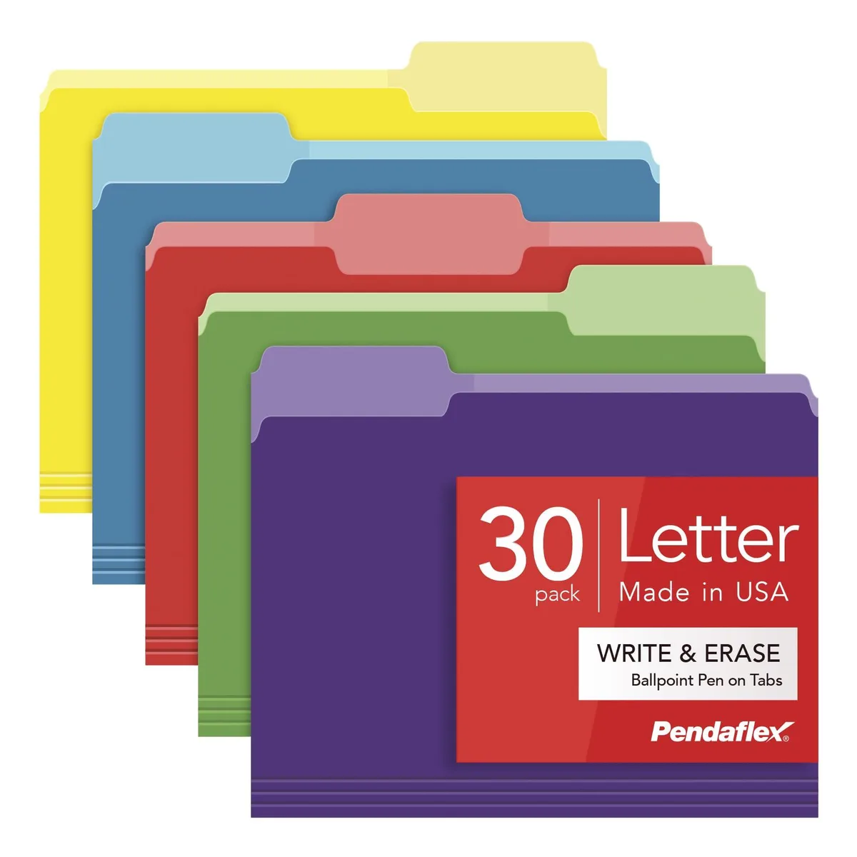 Thirty letter-size file folders in five colours with erasable tabs