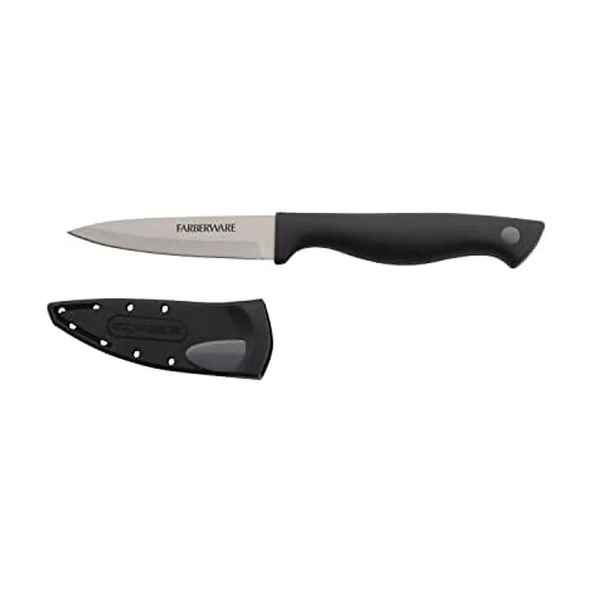 Farberware 3.5 inch paring knife with black self-sharpening cover and ergonomic handle
