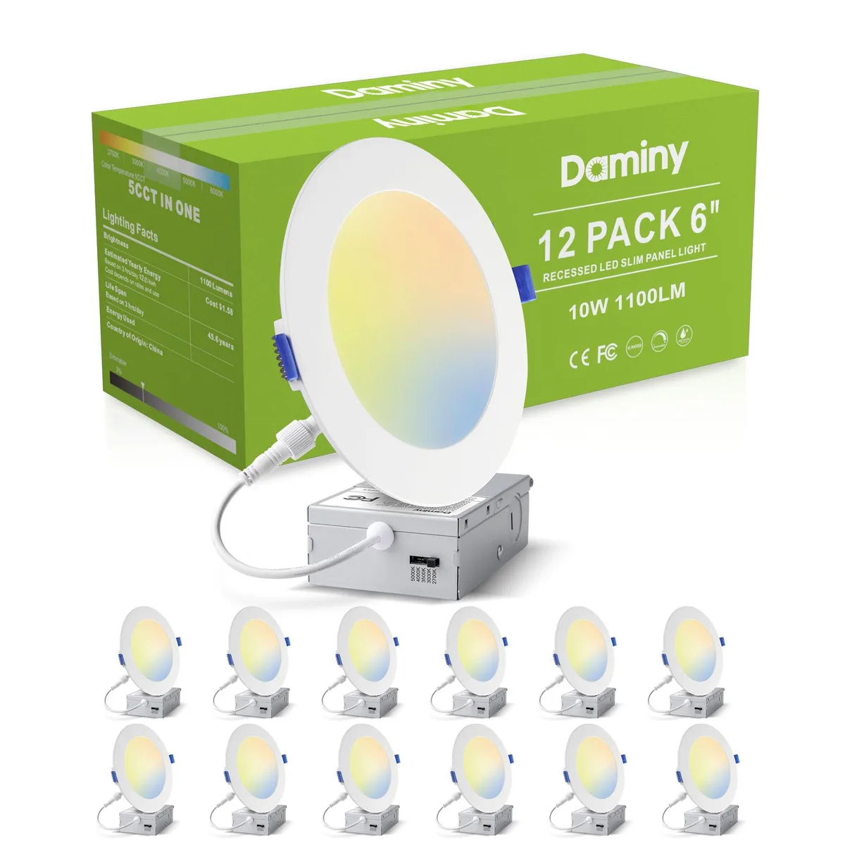 Twelve white 6 inch canless LED wafers with clear prismatic lenses