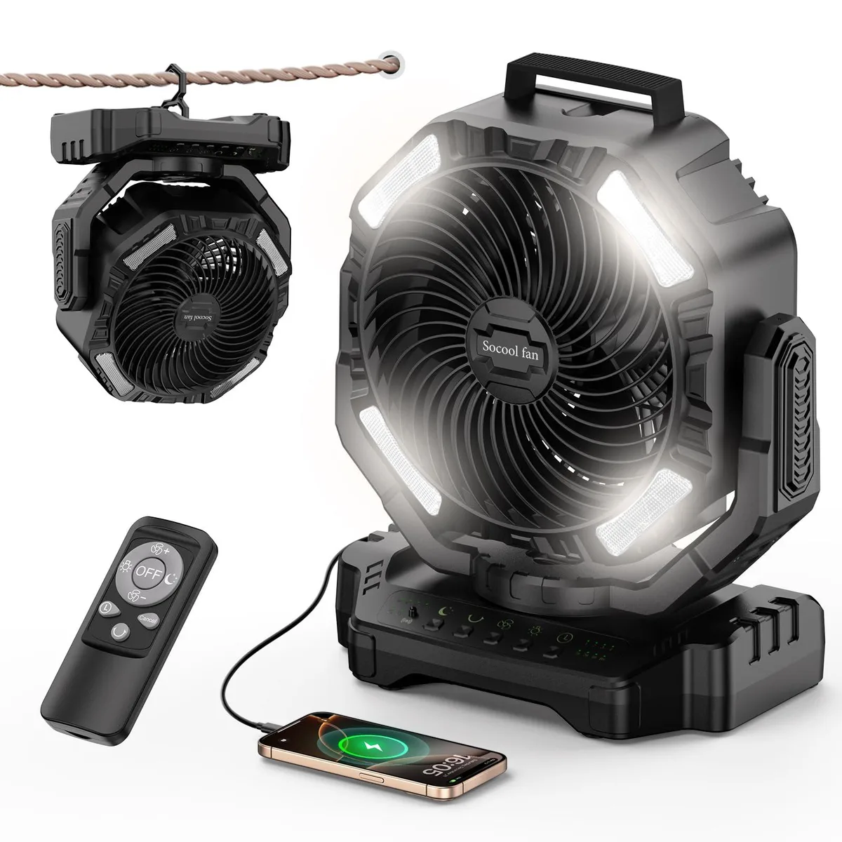 Black rectangular camping fan with LED panel, remote, hook and oscillation markings