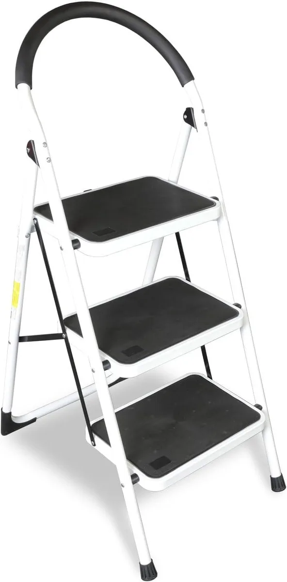 Silver three-step folding ladder with wide anti-slip pedals and dual side handles, shown open at 25 by 18.5 by 43.5 inches