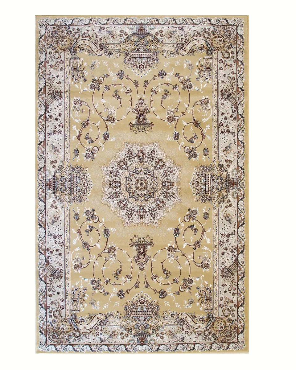 Rectangular gold Tabriz rug with floral medallion pattern, low polypropylene pile