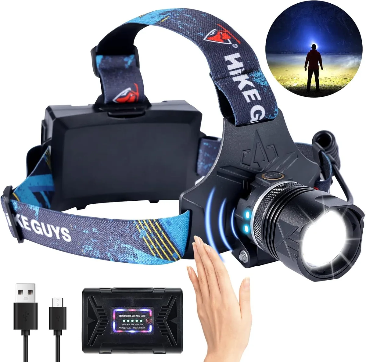 TUKO rechargeable headlamp with adjustable headband and rear warning lights